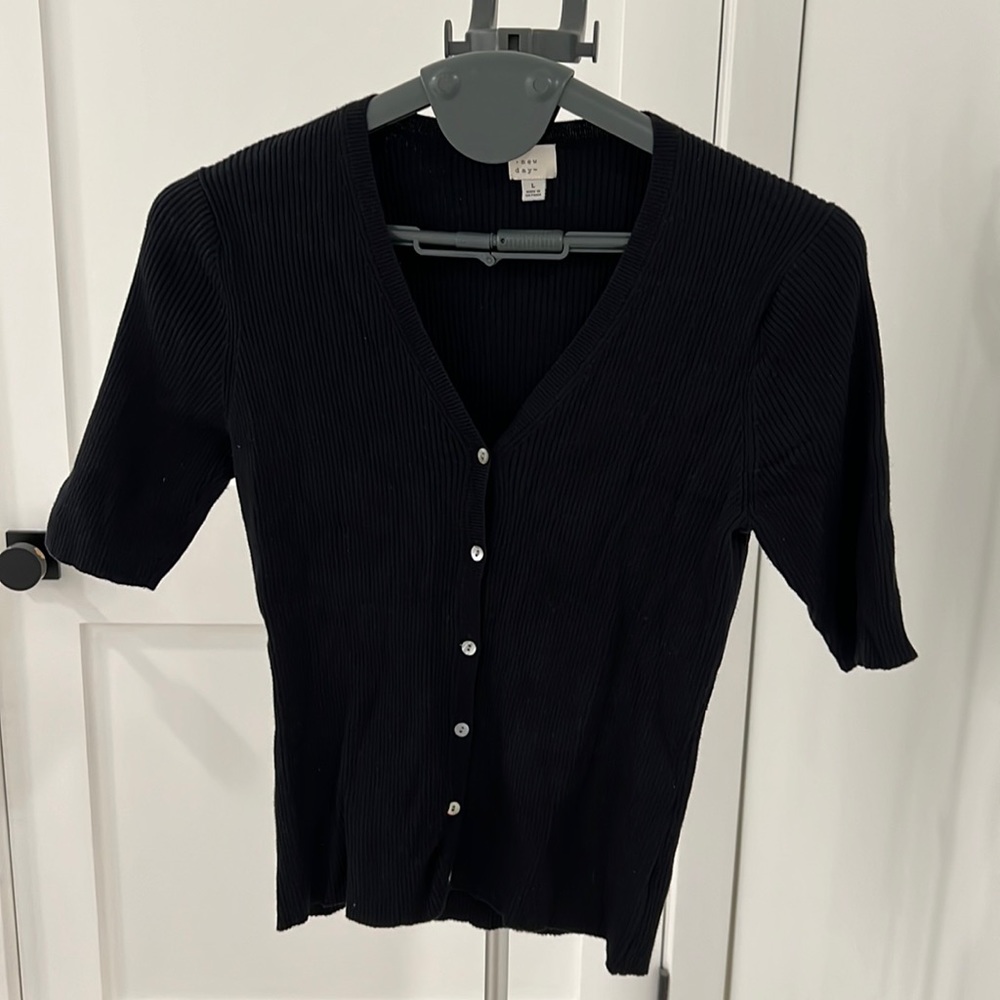 A New Day Fitted Ribbed Short Sleeve Cardigan V-Neck Black